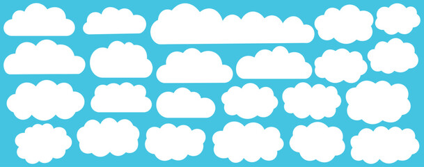 White abstract cloud illustration set. Cute fluffy, bubbly clouds collection. White cloudy shape isolated on blue background. Vector set of clouds shapes. Collection of various forms and contours. 