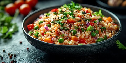 Delicious Vegetarian Risotto Recipe with Peas, Peppers and Tomatoes in a Dark Bowl
