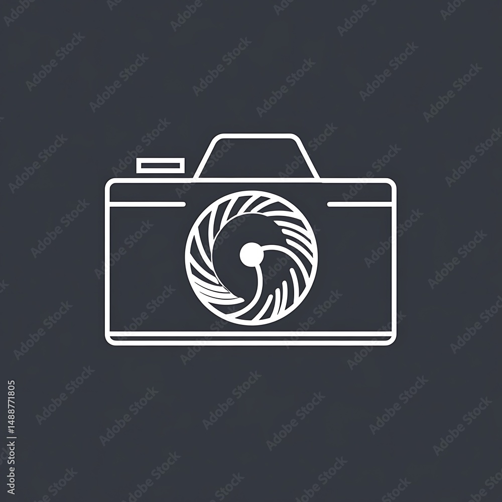 Poster minimalist outline camera graphic with abstract lens design on dark background for creative projects