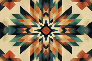 Geometric kaleidoscope with teal, orange, and black triangles forming a symmetrical star-like pattern with a beige textured background.