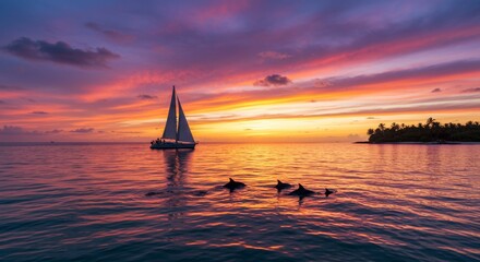 Fototapeta premium Sunset Sailboat Dolphins Paradise - Peaceful sunset scene, sailboat at sea, dolphins swimming, vibrant colors, serene nature. Symbolizing freedom, tranquility, harmony, adventure, and peace