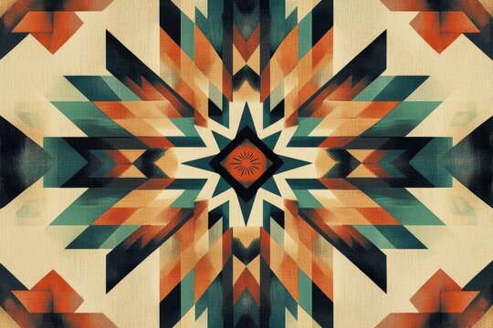 Geometric kaleidoscope with teal, orange, and black triangles forming a symmetrical star-like pattern with a beige textured background.