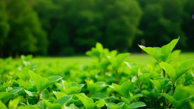 A lush green landscape featuring vibrant foliage in the foreground with a blurred background of dense trees. The scene conveys a sense of tranquility and nature