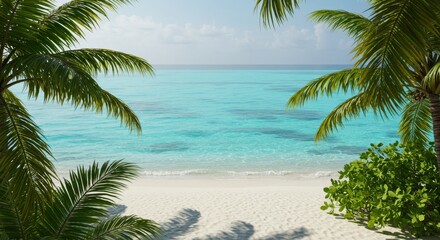 Obraz premium Tropical Beach Paradise: Palm Trees and Turquoise Water - Serene beach scene, symbolizing relaxation, escape, tranquility, paradise