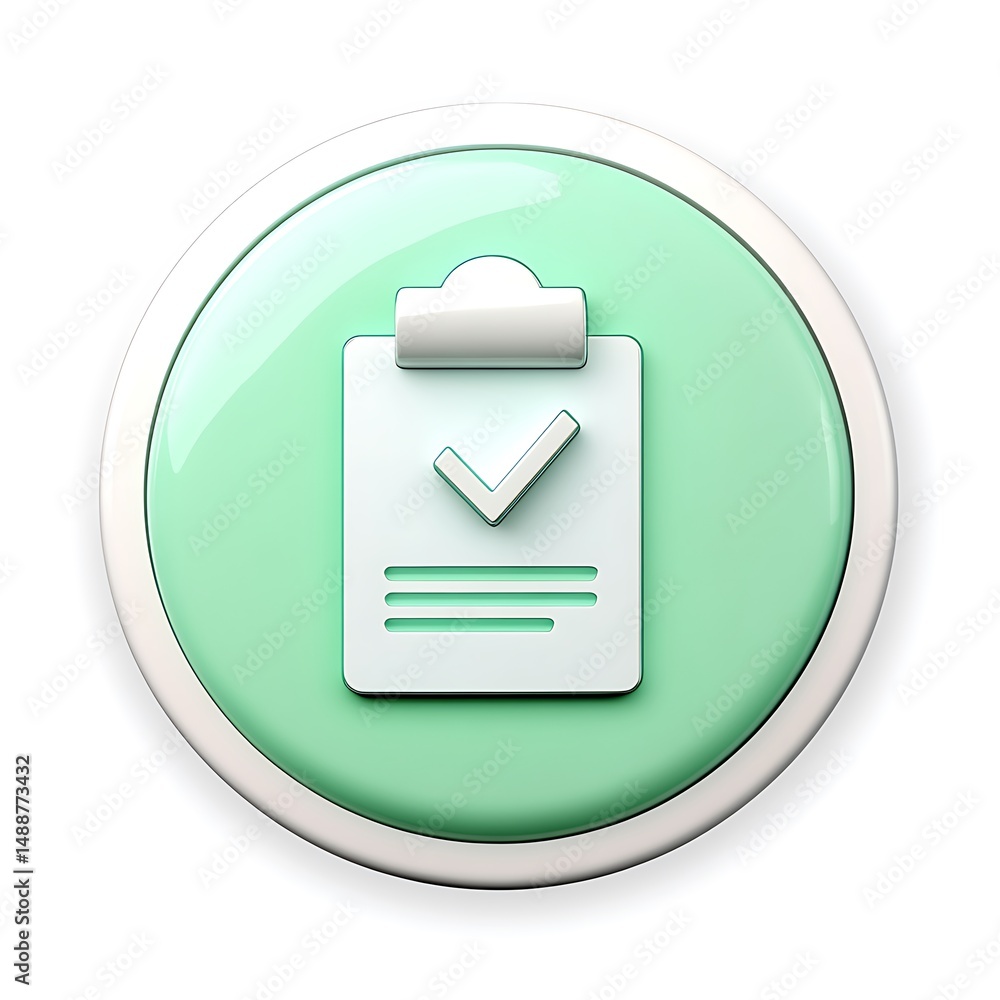 Poster mint green button featuring a clipboard with checkmark: visual confirmation and task completion icon