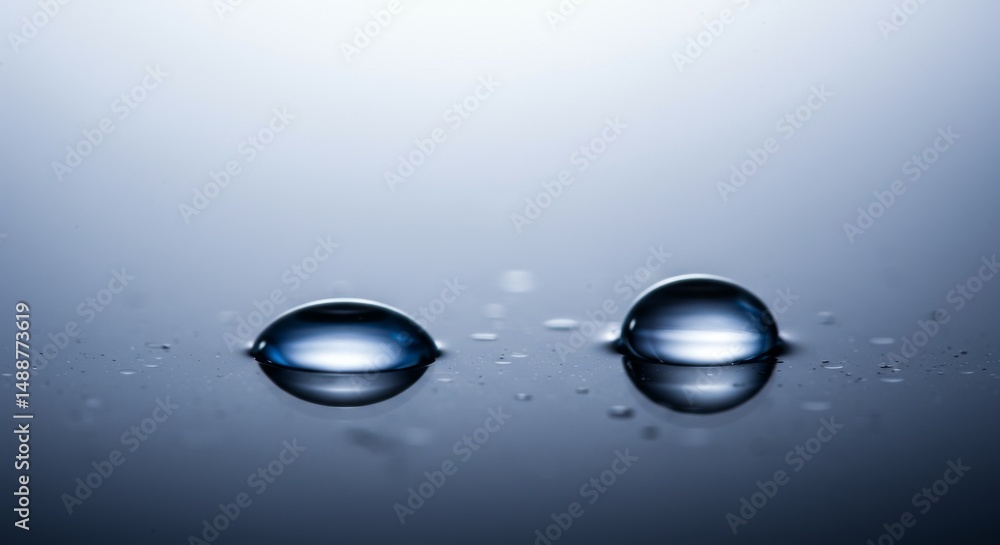 Poster two water drops on surface - close-up of two water droplets on a reflective surface, creating a sere
