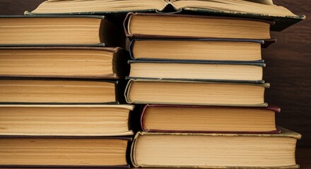 Vintage Books Stack and Open Pages - A collection of vintage books, some open, showing aged pages and covers. Symbolizing knowledge, history, literature, wisdom, and time