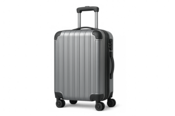 Modern gray trolley suitcase standing upright, ready for travel, isolated on transparent background
