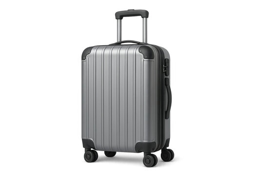 Modern gray trolley suitcase standing upright, ready for travel, isolated on transparent background