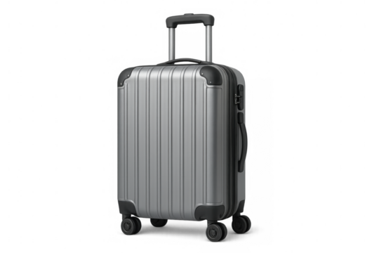 Modern gray trolley suitcase standing upright, ready for travel, isolated on transparent background