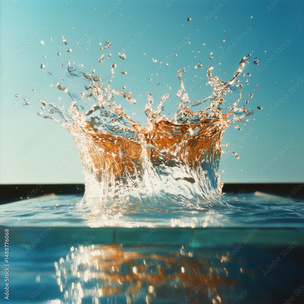 Poster water splashing action poolside photography clear blue environment close-up view refreshing concept