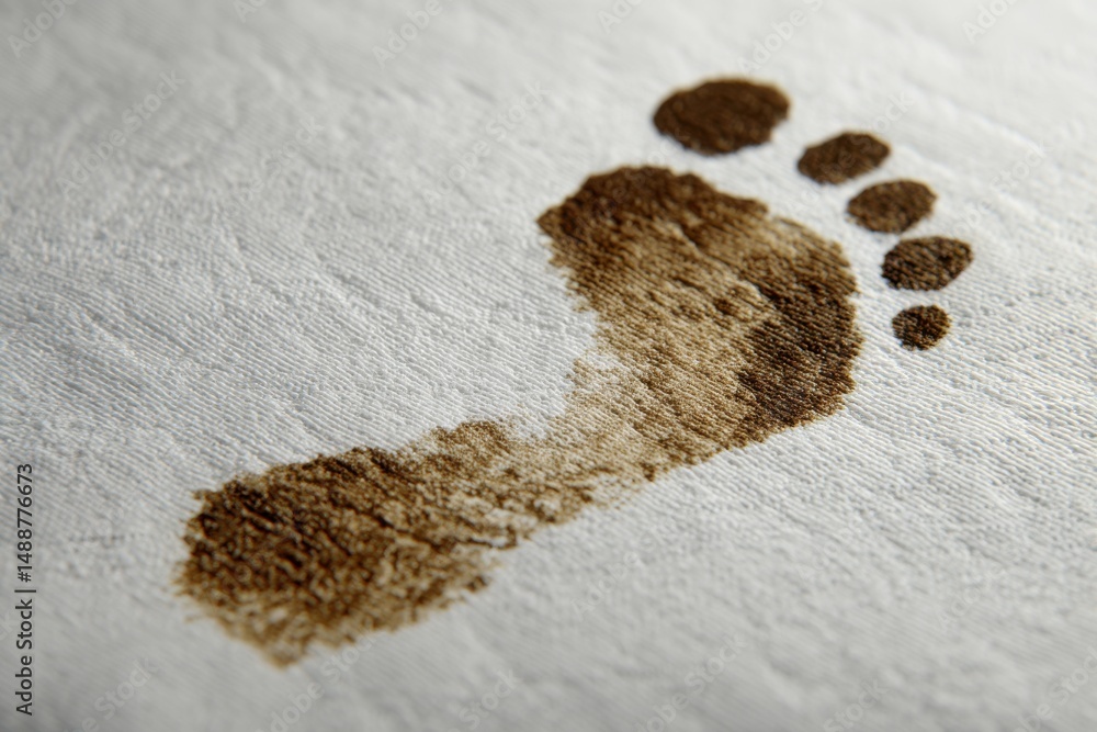 Poster a close-up shot of a dirty footprint on a white fabric surface, showing the texture and detail of th