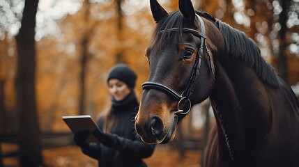 Obraz premium Woman interacts with digital device near horse in autumnal park