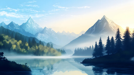 Tranquil Mountain Landscape at Sunrise with Reflections in Water