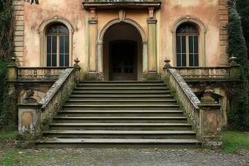 Elegant mansion with wide arched entrance and stone steps 