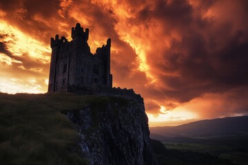 Fototapeta premium Dramatic view of ruined castle on a cliff against a fiery sunset sky.