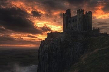Fototapeta premium A dramatic castle stands on a cliff during sunset, with fiery clouds and a rugged landscape under a dark sky.