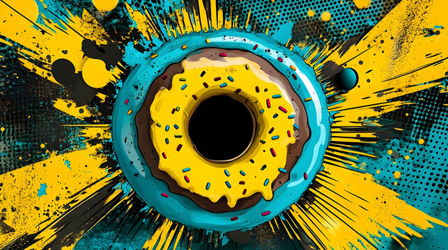 Bright stylized donut with yellow sprinkles and blue icing against a textured sunburst backdrop