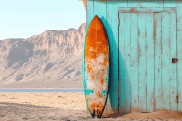 A surfboard leaning against a turquoise beach hut, set against a beach and mountainous backdrop under a clear sky.