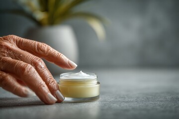 Close-up shot capturing the delicate texture of an elderly woman's hand reaching for a jar of moisturizing cream, embodying care, aging gracefully, and skincare wellness.