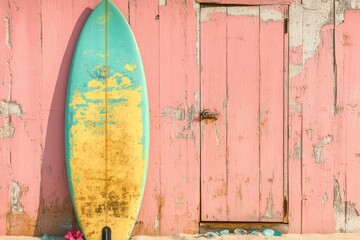 A weathered turquoise and yellow surfboard leaning against a pink wooden beach shack on the sandy shore.