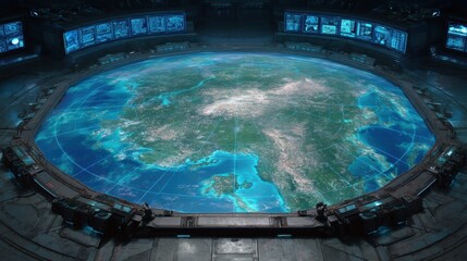 High-tech global map displayed in a futuristic command center.