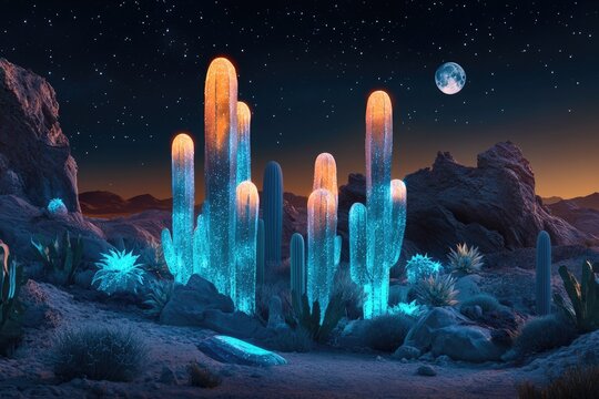 A surreal desert landscape with glowing cacti under a starry night and a full moon, creating a magical scene.