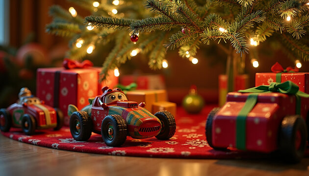 Festive Toy Car Under Christmas Tree with Holiday Decorations