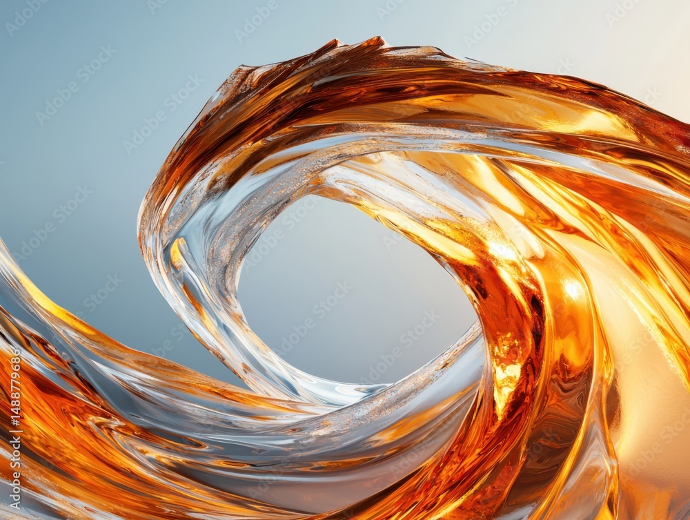 Poster dynamic flowing wave of amber and clear glass abstract art digital creation modern environment artis