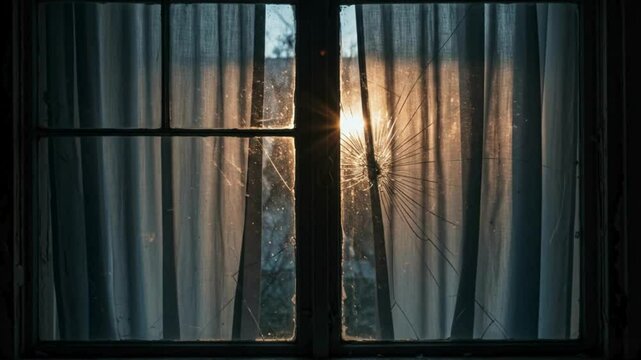 Old curtains framing a window with a mysterious man walking past in realistic daylight [video]