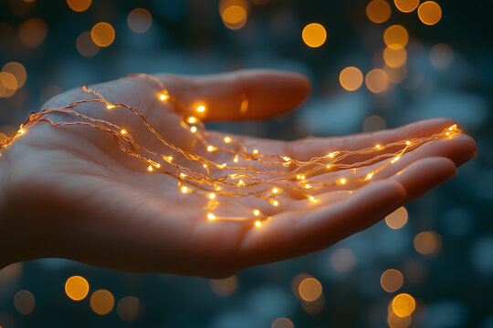 A hand holding a string of warm fairy lights against a blurred background. - Powered by Adobe