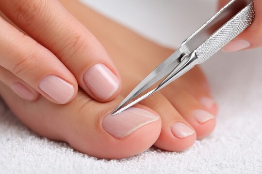 A close-up of a woman's foot with well-groomed toenails getting a pedicure, using a nipper for cuticle and skin trimming, on a soft white towel in a spa setting.