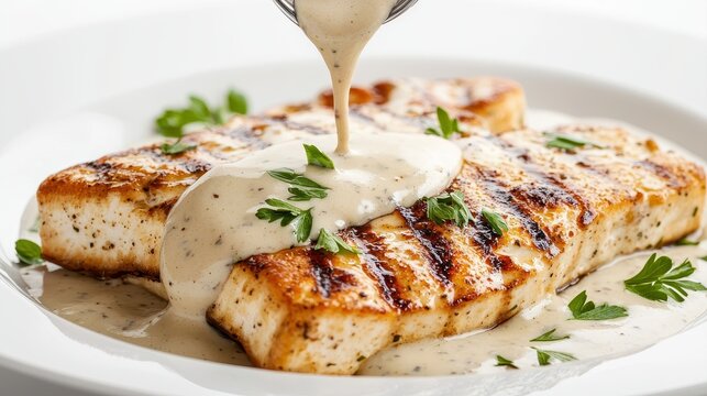 Grilled fish fillet topped with creamy white sauce and garnished with fresh herbs on a white plate.