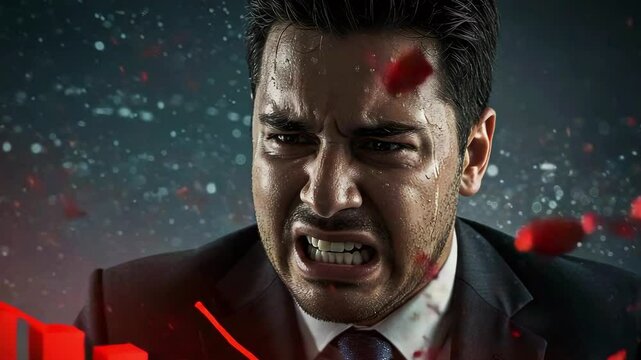 A distressed businessman reacts to a financial downturn, with a dark background and red graphics symbolizing loss