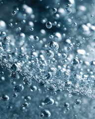 Captivating close-up of effervescent water bubbles in a refreshing blue