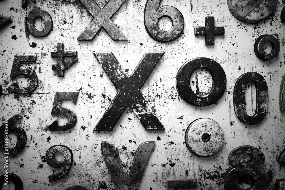 Aufkleber abstract composition of metal numbers and symbols on grungy surface, artistic design featuring distr