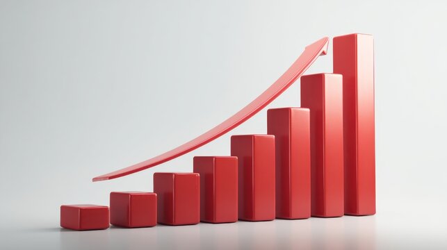 A 4K photo of growth Chart Success: Upward Trend - Red 3D bar graph showcases exponential growth, symbolizing progress, success, investment, and financial achievement. Light.
