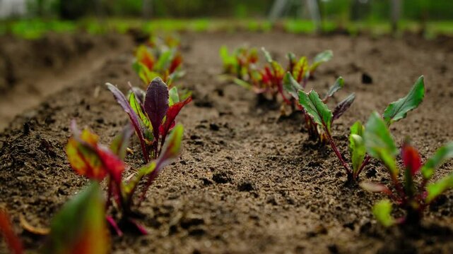 Moving camera between two rows of young red beets growing in sand rich soil in vegetable garden