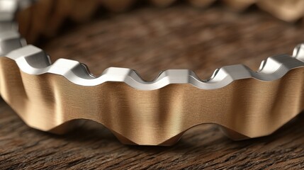 A close-up view of a gold-colored metal ring with a textured surface.