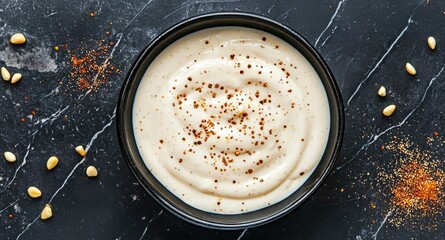 Creamy tahini sauce in a black bowl, garnished with spices, on a dark marble surface with scattered pine nuts and seasoning.