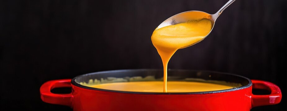 Creamy orange soup being ladled from a red pot against a dark background. - Powered by Adobe