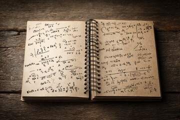 Open notebook filled with complex mathematical equations and formulas on a wooden surface, revealing the challenges of science and the pursuit of knowledge.