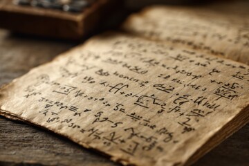 An open, old, vintage mathematics book displaying handwritten mathematical equations, filled with numbers and scientific notations on aged paper. Selective focus applied.