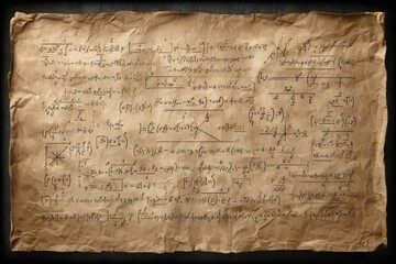 Mathematical formulas scribbled on vintage parchment paper, creating an abstract background reminiscent of scientific discovery, knowledge, and academic pursuits.