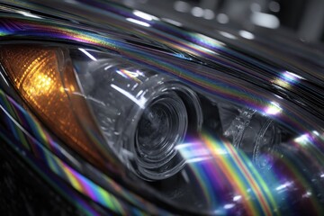 Fototapeta premium Close up of a modern car headlight with iridescent film, showing vibrant colors and sleek design elements, creating a dynamic and eye-catching automotive detail.