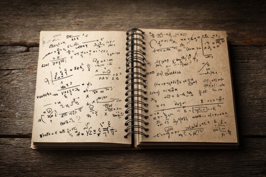 Open notebook filled with complex mathematical equations and formulas on a wooden surface, revealing the challenges of science and the pursuit of knowledge.