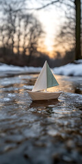 A toy boat navigates a stream, its sails catching the light, a peaceful escape in a miniature world, embodying dreams of adventure and journeys.