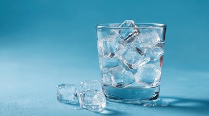 A 4K photo of ice cubes in a glass with crystal clear water on a blue background, serene, ice, serene.