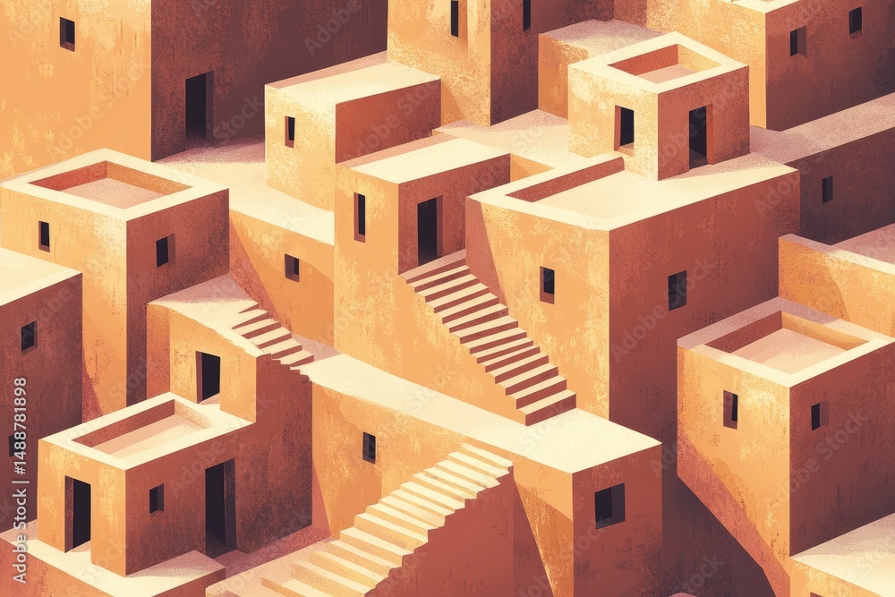 Poster geometric arrangement featuring interconnected structures with steps, doors and windows, creating a 