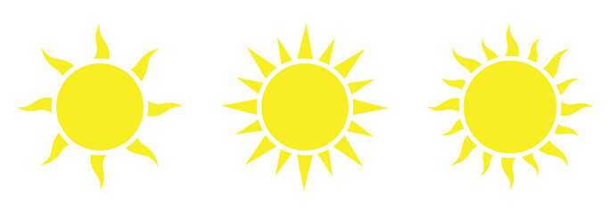 Sun icon set. Yellow sun star icons collection. Summer, sunlight, sun icon.